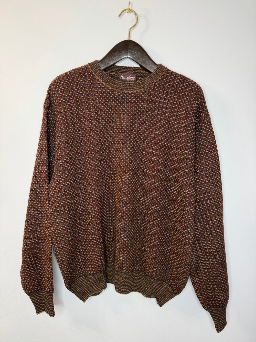 Barcelino Crew Neck Sweater Weave Design Merino Wool Men's L